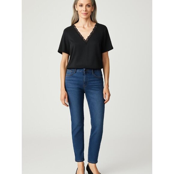 Joie Black Lace Trimmed V-Neck Short Sleeve Blouse Womens Size S New - Picture 1 of 5